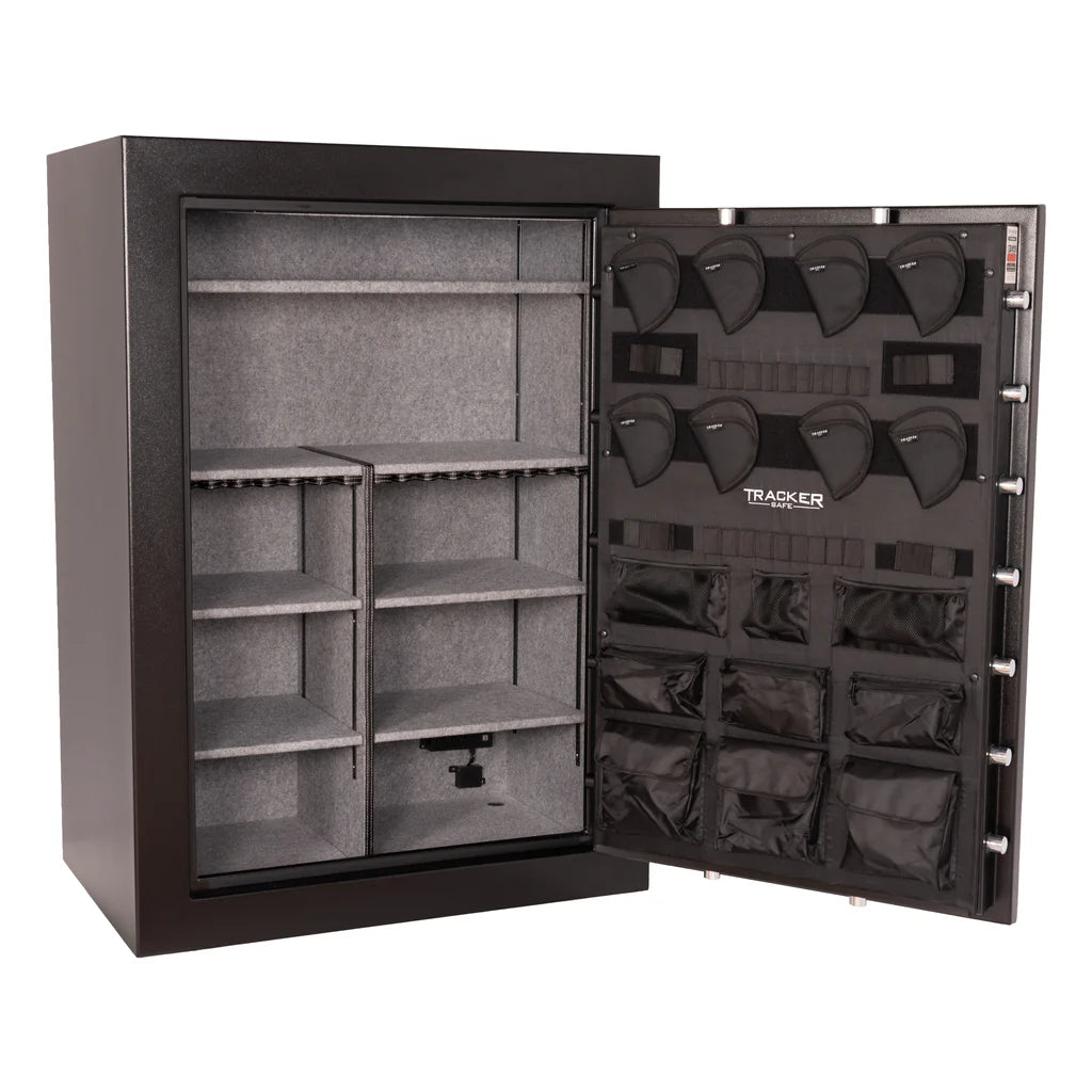 Interior layout of the Tracker M64 Safe showcasing customizable shelves and maximum storage flexibility.