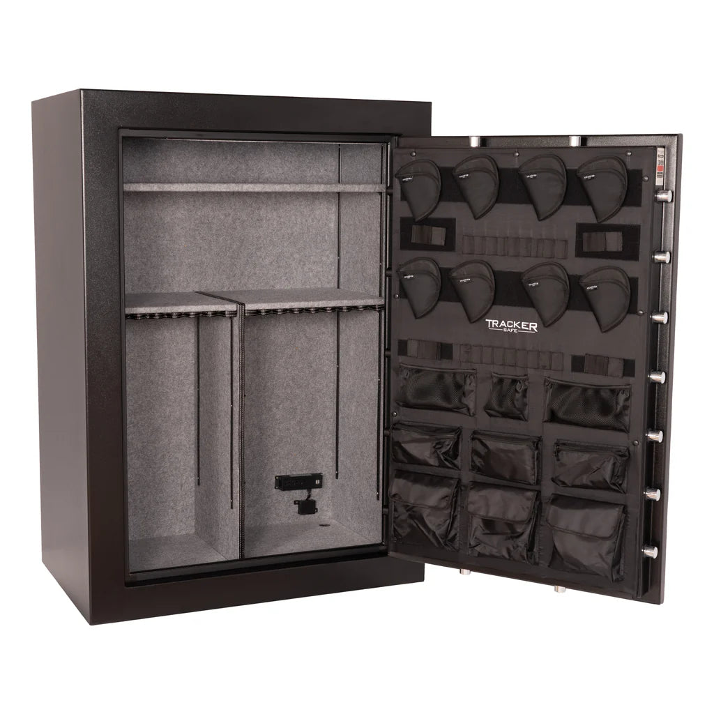 Open view of the Tracker M64 Safe with door fully extended and customizable storage layout.