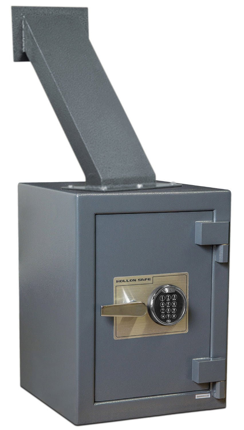 Hollon TTW-2015 C/E Through The Wall Deposit Safe showing the front deposit opening, chute, and dial lock on a gray steel housing