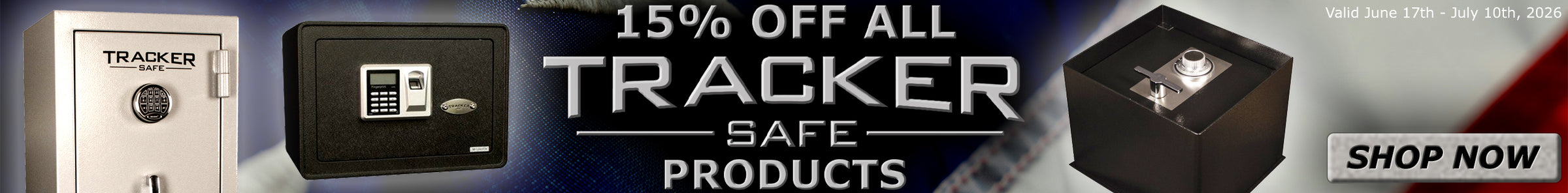 Promotional banner for 15% off all Tracker Safe security products ordered by July 10th, 2026.