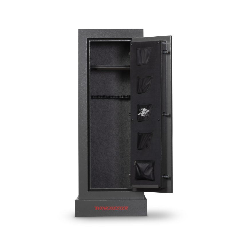 Winchester VaultLite 18 slate gun cabinet door open showing empty interior with U-shaped barrel rack and door panel organizer