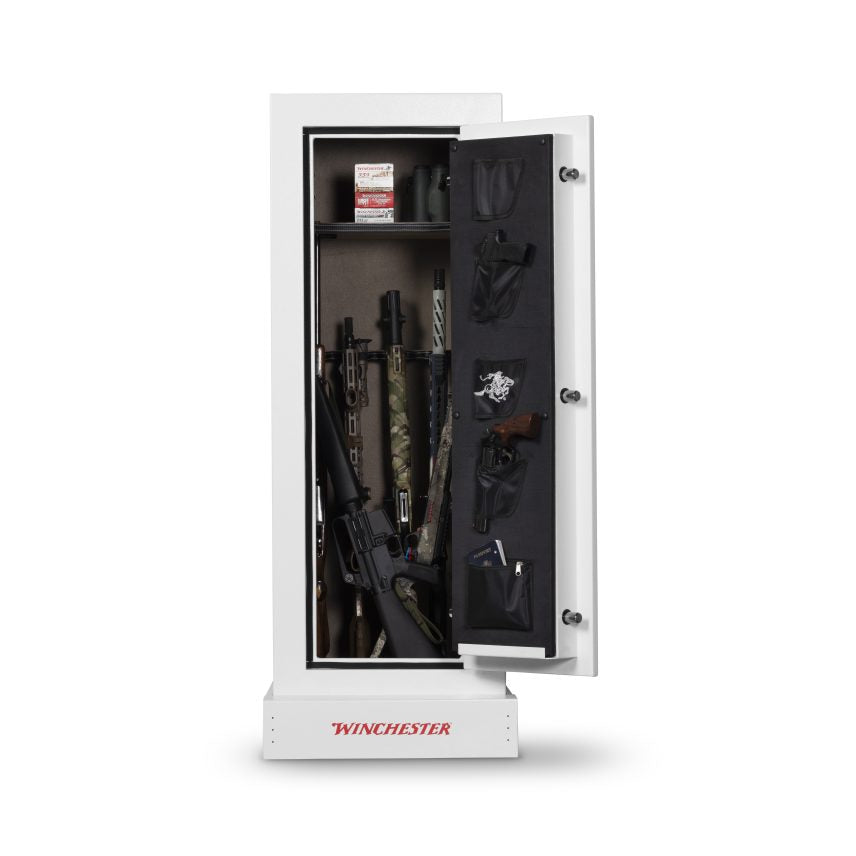 Winchester VaultLite 18 white gun cabinet open with long guns on barrel rack, ammo on top shelf, and door panel organizer