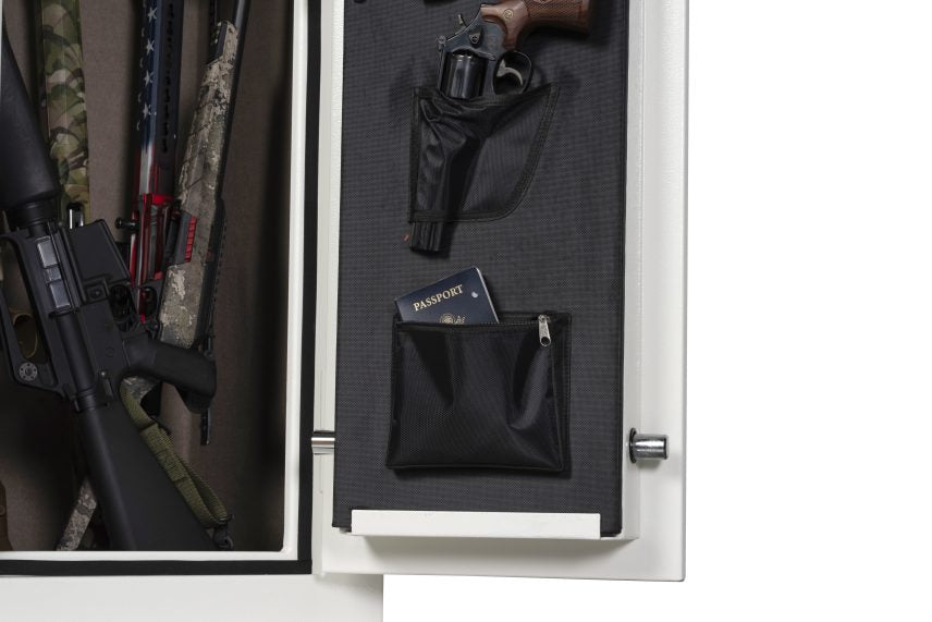 Winchester VaultLite 18 door organizer with revolver in holster, passport pouch, and long guns in main compartment