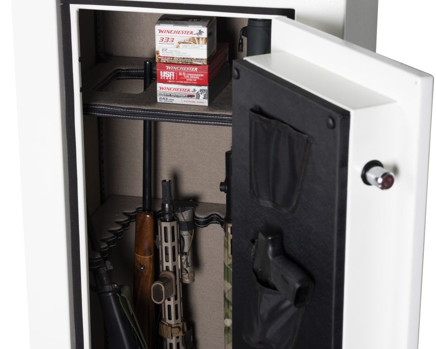 Winchester VaultLite 18 interior with Winchester ammo boxes on top shelf and long guns on U-shaped barrel rack