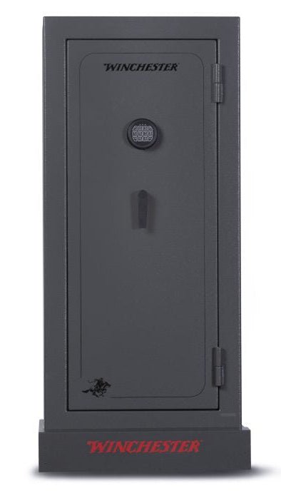 Winchester VaultLite 28 gun cabinet in slate powder coat angled view with electronic keypad and single lever handle