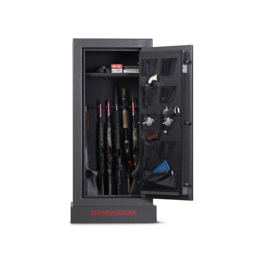 Winchester VaultLite 28 interior with long guns on U-shaped barrel rack, ammo on top shelf, and pistol door organizer