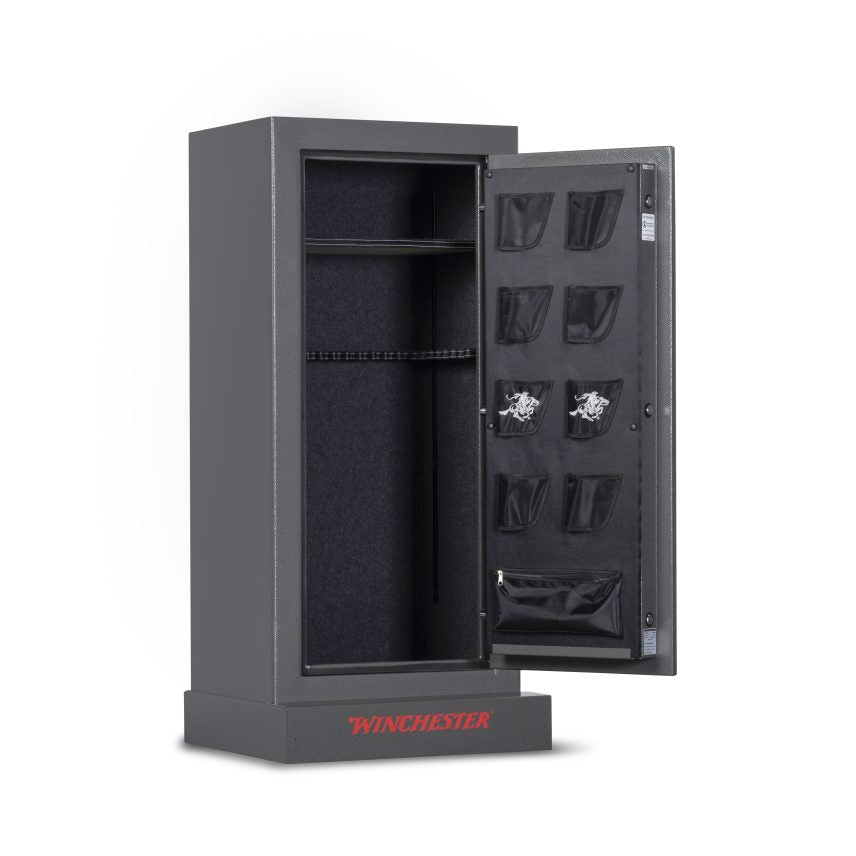 Winchester VaultLite 28 slate gun cabinet door open showing empty interior with U-shaped barrel rack and door panel organizer