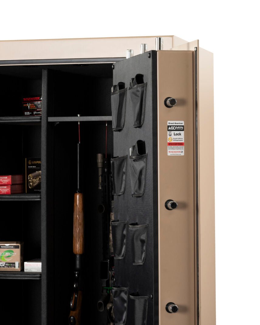 Winchester Grand American Tan safe with one door open 90 degrees showing the door panel organizer and interior with rifles