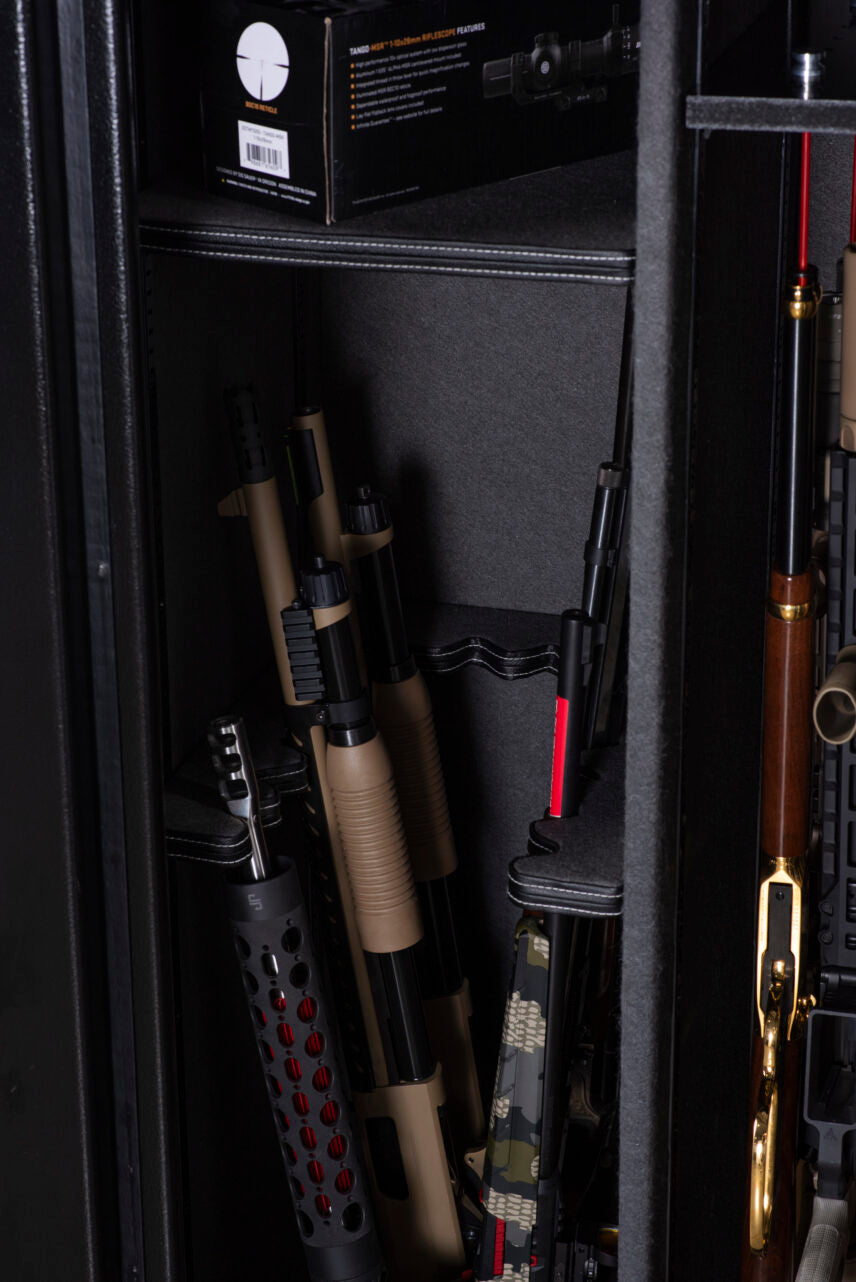 Detail of Winchester Ranger 26 GunStiXX vertical storage loaded with tactical rifles and shotguns