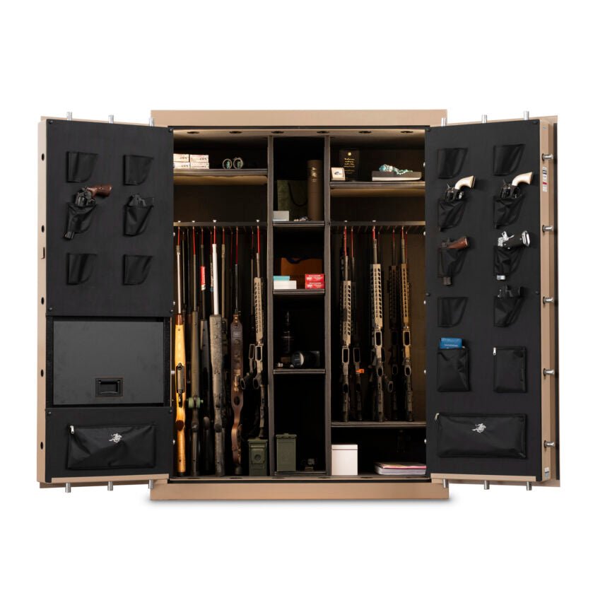 Winchester Grand American Tan safe fully loaded with scoped rifles, shotguns, ammo, and both door panel pistol organizers