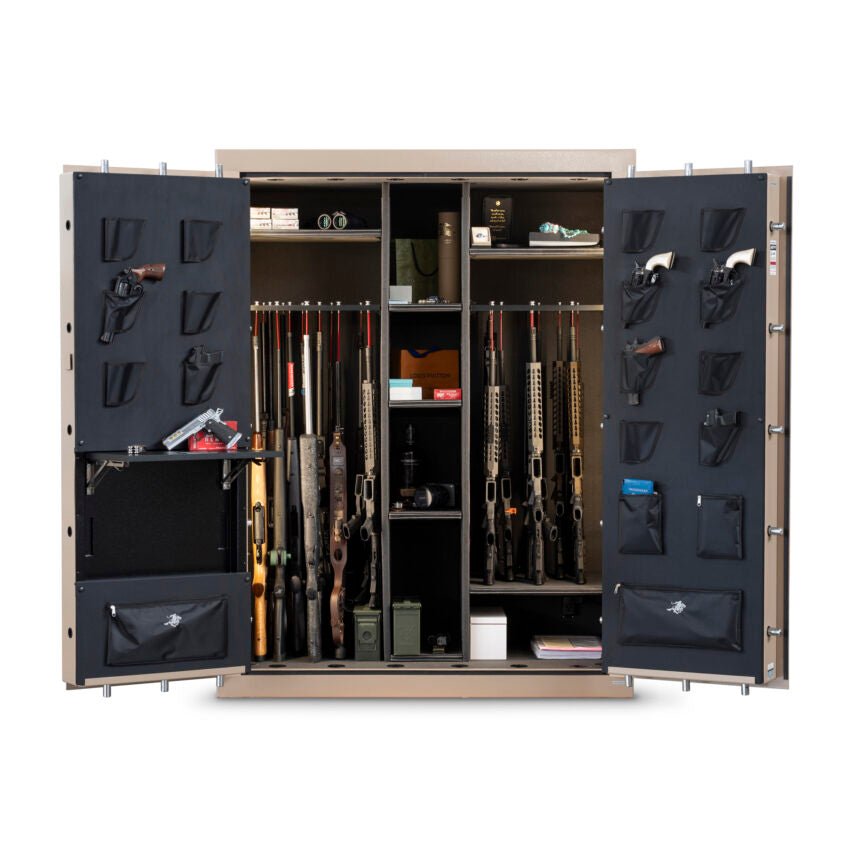 Winchester Grand American open with both door panel organizers, 60 long guns in the barrel rack, and center ammo shelves