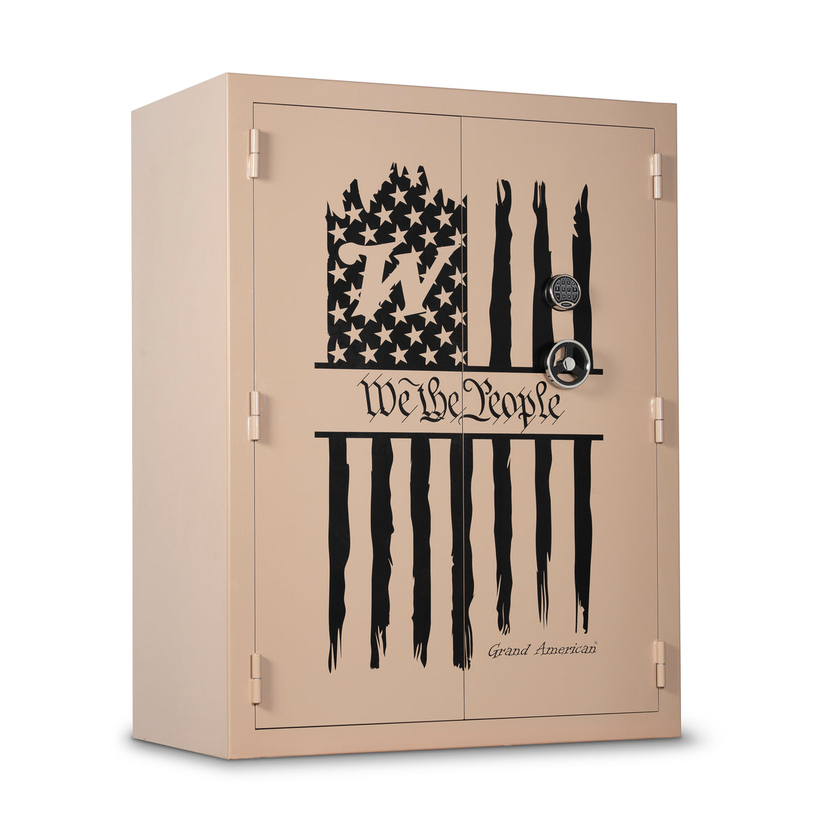Winchester Grand American gun safe in Tan finish with the We the People American flag design and chrome 3-spoke vault handle