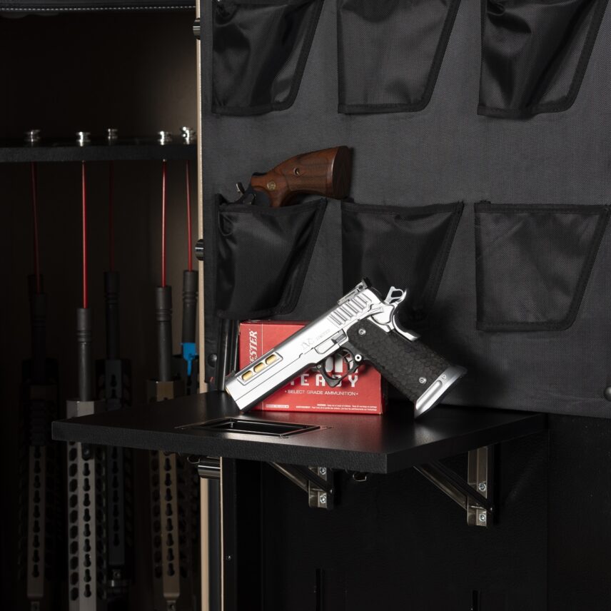 Winchester Ranger 26 retractable Utility Shelf extended with a pistol and ammo box, new for 2026