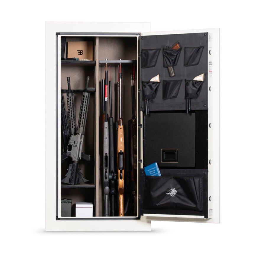 Winchester Ranger 26 Americana interior with the Utility Shelf retracted to reveal the door-mounted Securam electronic keypad, GunStiXX vertical storage loaded with long guns, and door organizer with handgun holsters and mag pouches