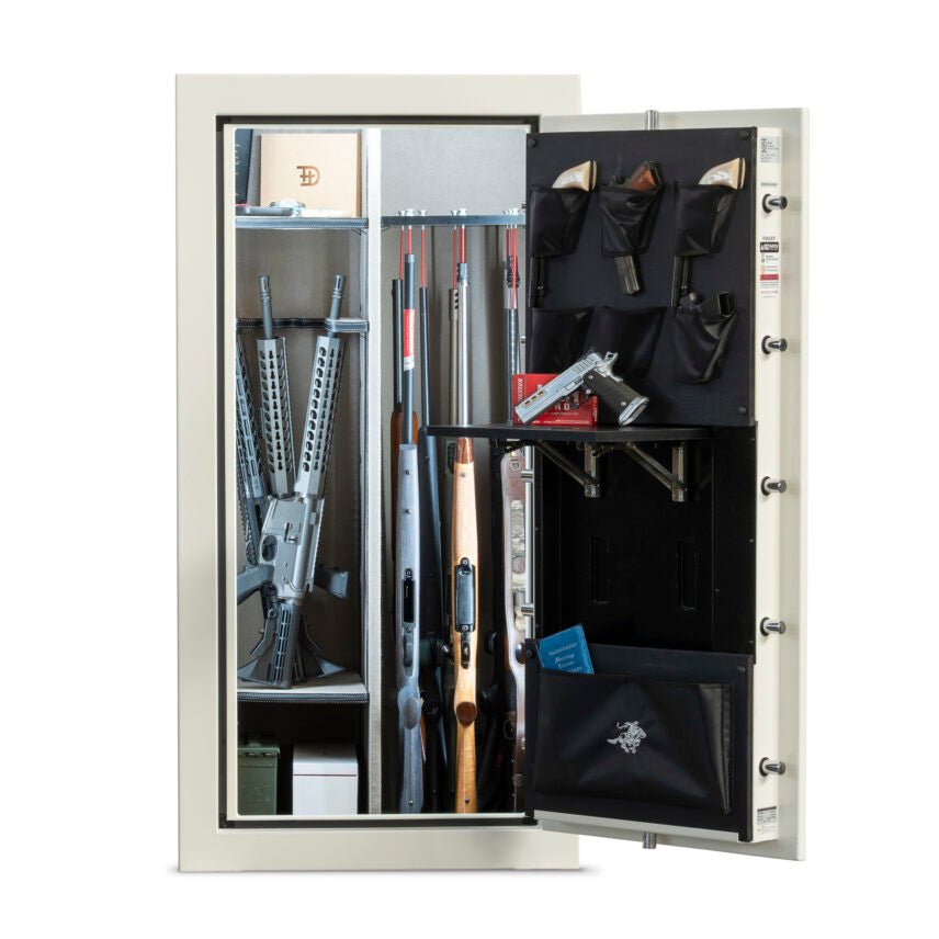 Winchester Ranger 26 Americana loaded interior with the retractable Utility Shelf extended holding a handgun, GunStiXX filled with rifles and an AR-style long gun, and the door organizer packed with handguns and magazines