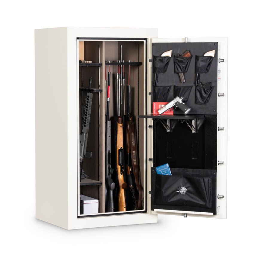 Winchester Ranger 26 Americana viewed from an angle with the door open, showing the white powder-coated exterior, the extended retractable Utility Shelf holding a handgun, the GunStiXX-loaded interior, and the door organizer