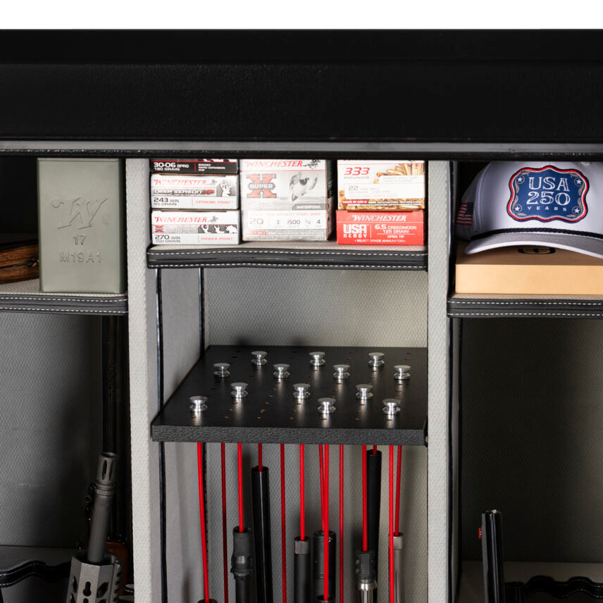 Winchester Legacy 53 interior with Winchester ammo boxes and a military-style ammo can staged on the adjustable shelves