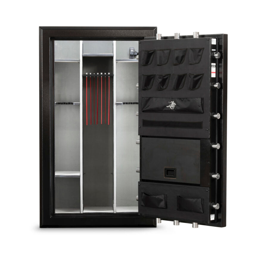 Winchester Legacy 53 with the door open, showing the empty interior, GunStiXX vertical storage, and door organizer pockets