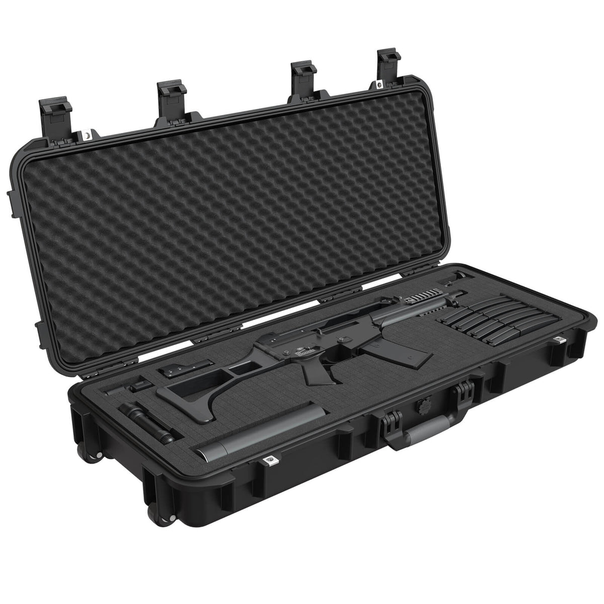 RPNB PP-91139 Weatherproof Hard Rifle Case with Customizable Foam Insert Open with Rifle &amp; Accessories