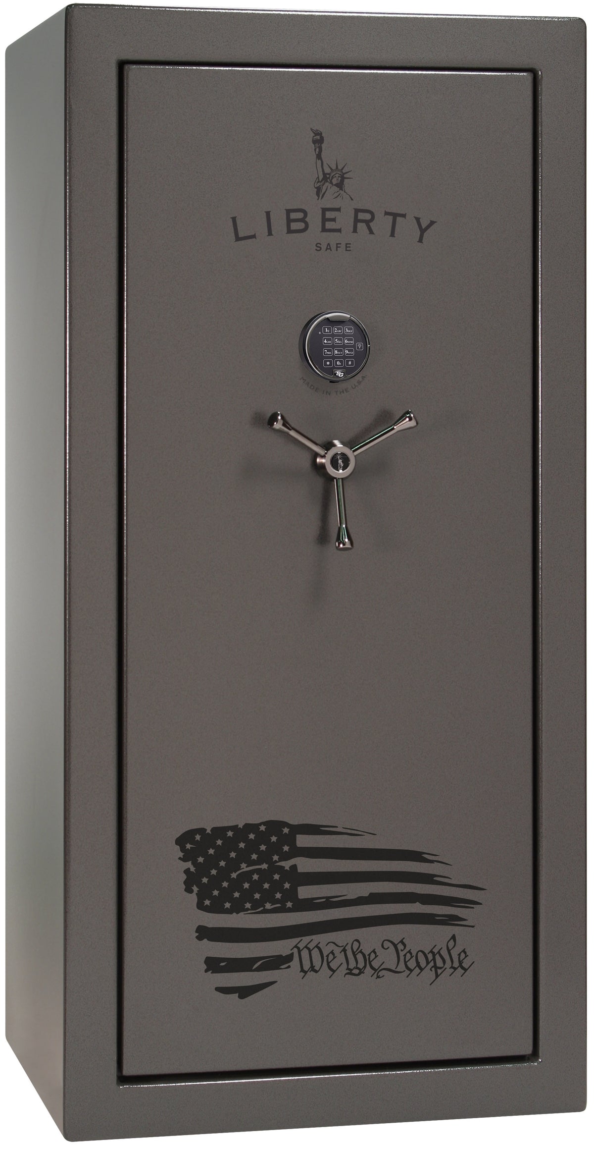 Liberty Safe We The People 30 gun safe in gray gloss finish with electronic keypad, 3-spoke chrome handle, and distressed American flag with "We the People" script across the front, front view