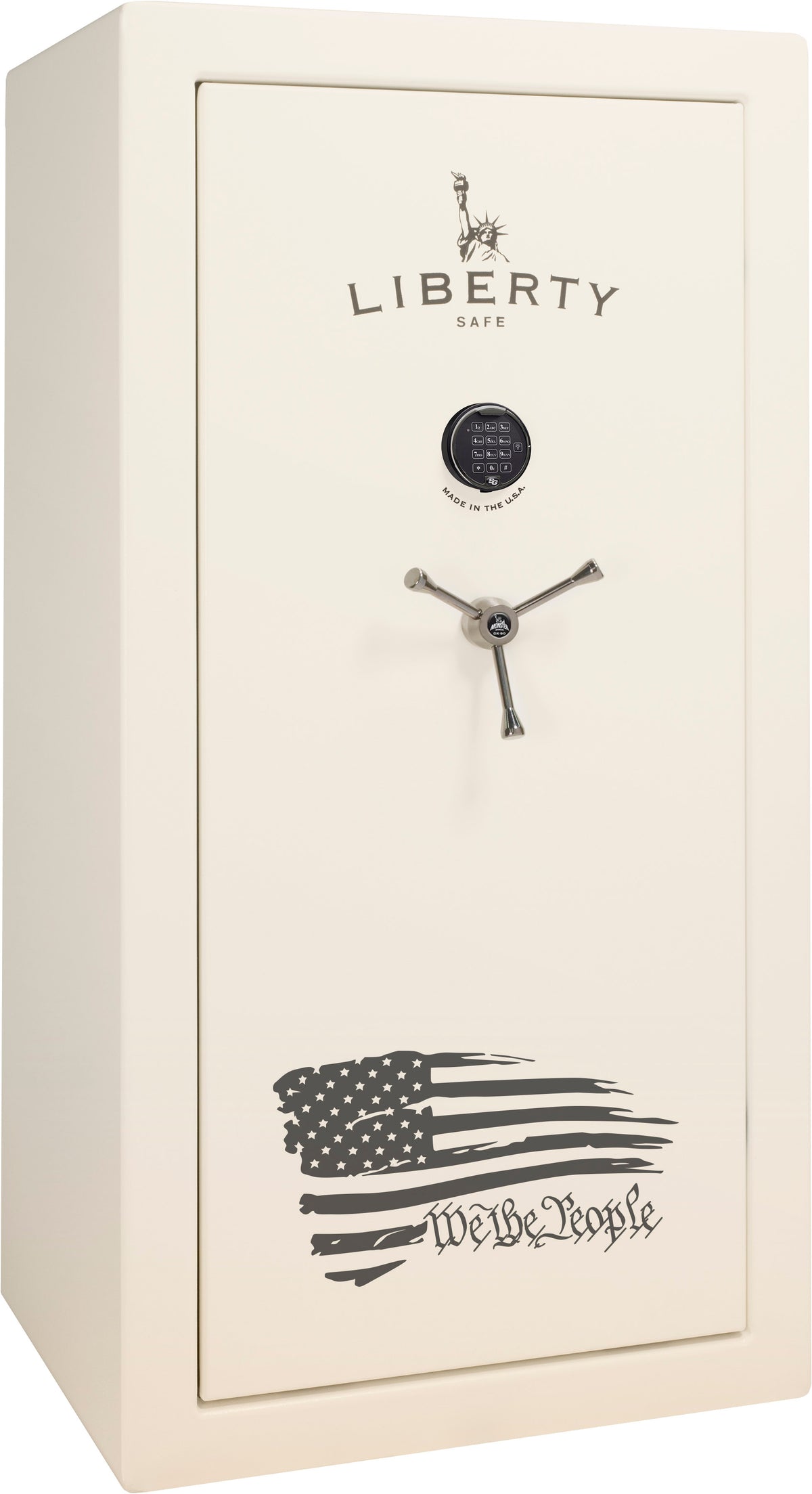 Liberty Safe We The People 30 gun safe in white gloss finish with electronic keypad, 3-spoke chrome handle, and distressed American flag with "We the People" script across the front, front view
