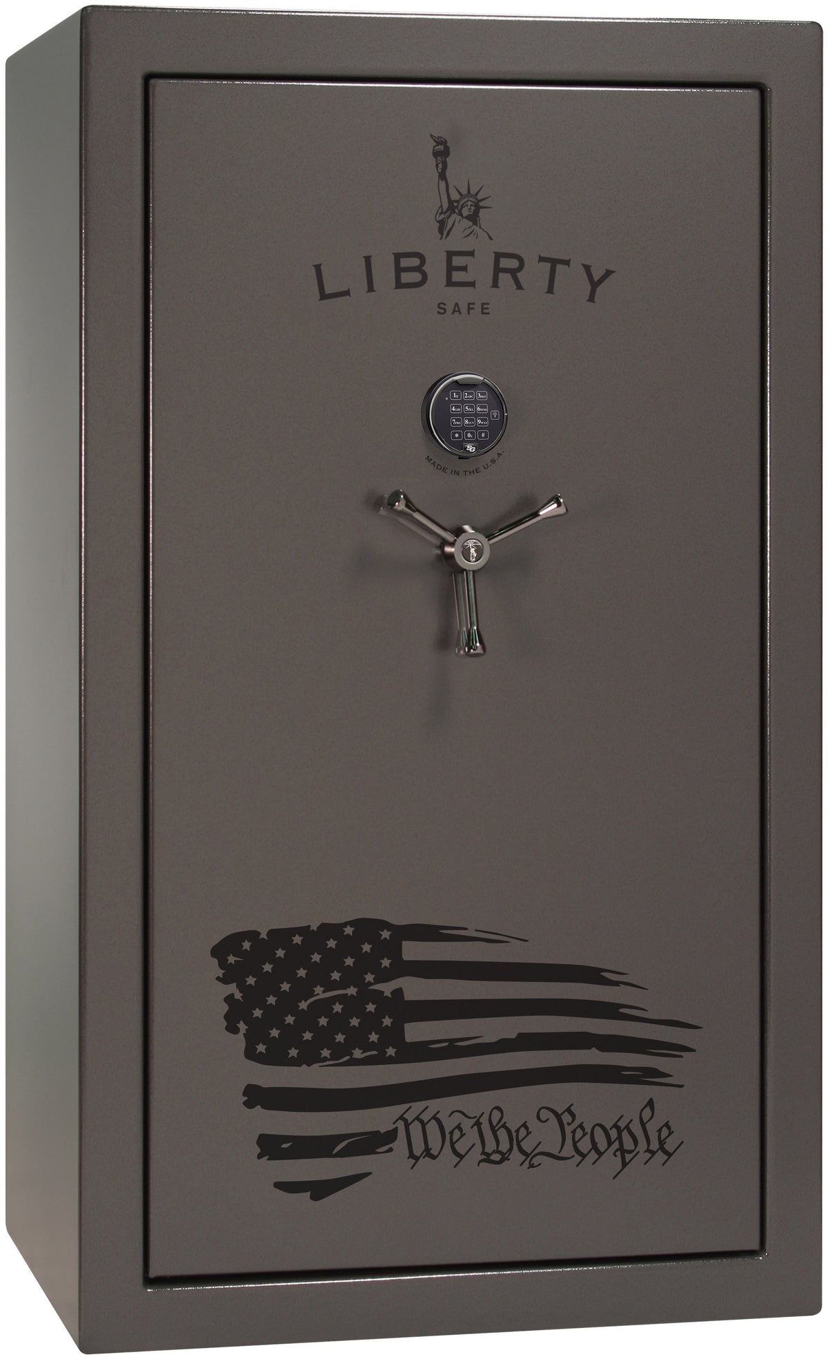 Liberty Safe We The People 44 gun safe in gray gloss finish with electronic keypad, 3-spoke chrome handle, and distressed American flag with "We the People" script across the front, front view