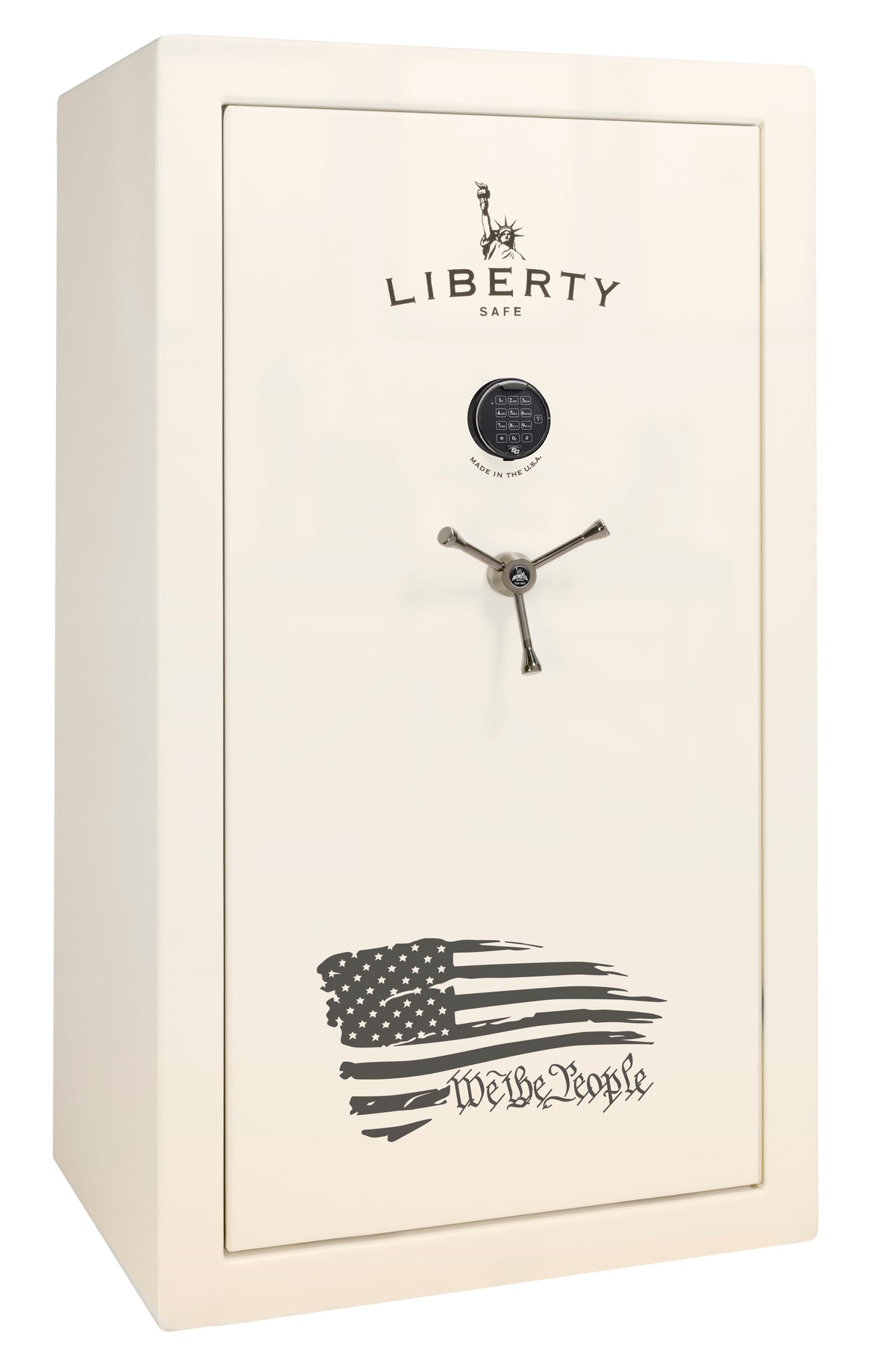 Liberty Safe We The People 44 gun safe in white gloss finish with electronic keypad, 3-spoke chrome handle, and distressed American flag with "We the People" script across the front, front view