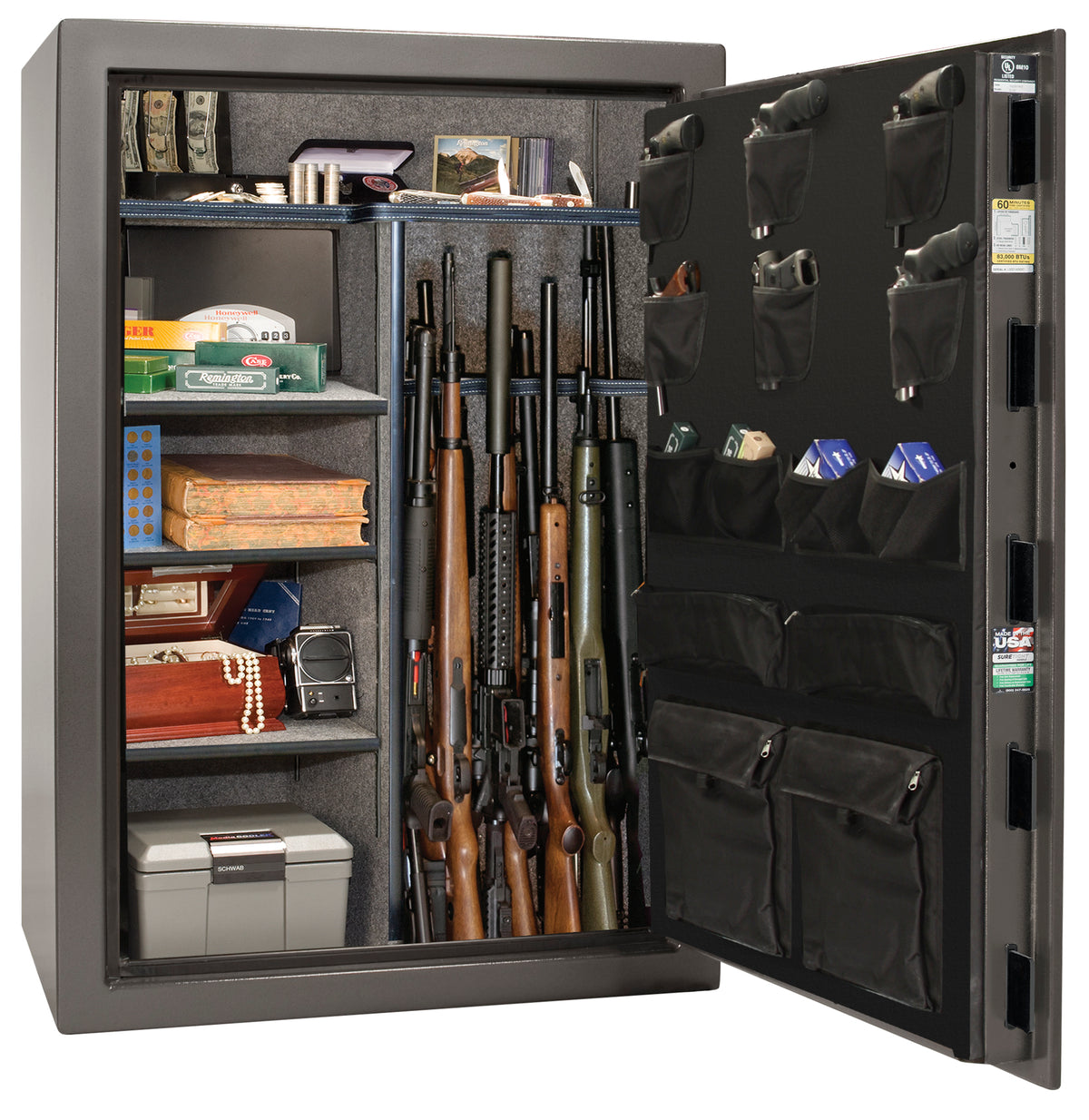 Liberty Safe We The People 60 gun safe in gray with door open showing multiple rifles in rack, ammunition boxes, cash bundles, books, jewelry, pearls, framed photo, and cash box on shelves, with Liberty-branded canvas door panel storing pistols and documents