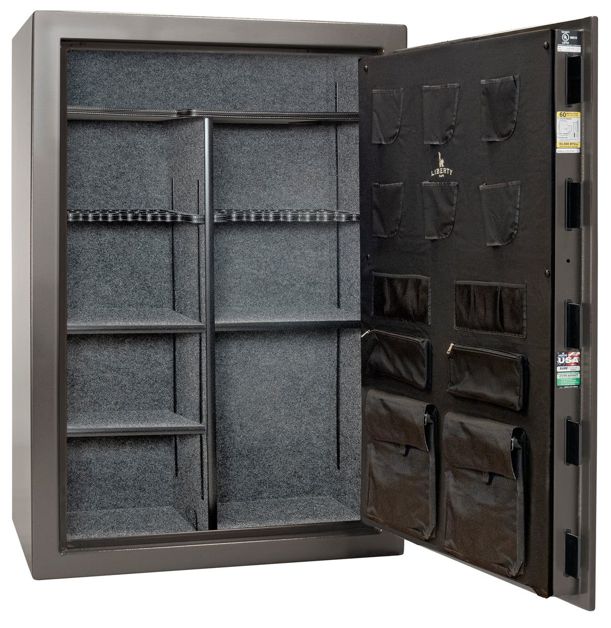 Liberty Safe We The People 60 gun safe in gray with door open showing empty gray fabric interior, adjustable shelving, rifle racking with center divider, and Liberty-branded canvas door panel with pistol pockets and document storage