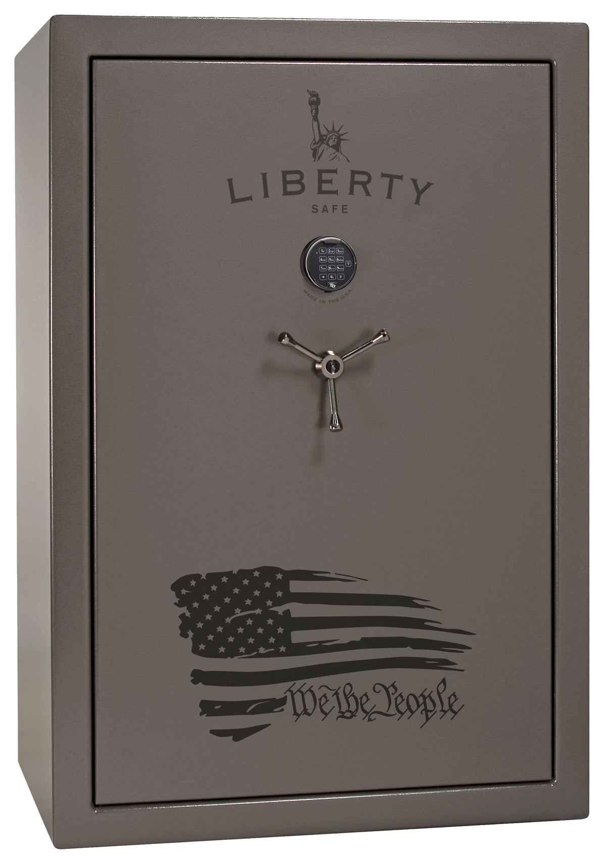 Liberty Safe We The People 60 gun safe in gray gloss finish with electronic keypad, 3-spoke chrome handle, and distressed American flag with "We the People" script across the front, front view