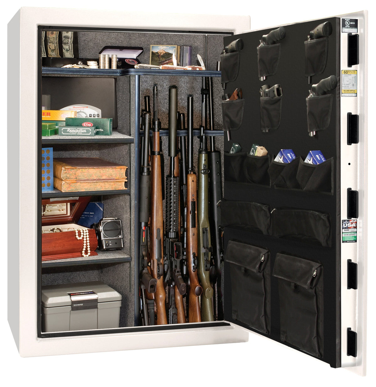 Liberty Safe We The People 60 gun safe in white with door open showing multiple rifles in rack, ammunition boxes, cash bundles, books, jewelry, pearls, framed photo, and cash box on shelves, with Liberty-branded canvas door panel storing pistols and documents