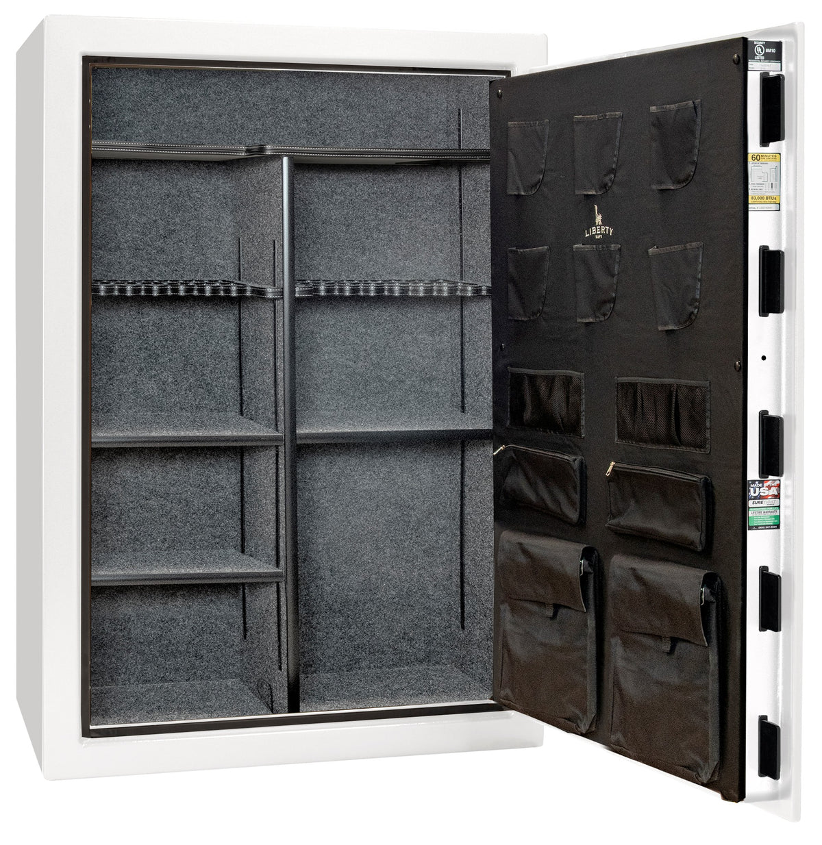 Liberty Safe We The People 60 gun safe in white with door open showing empty gray fabric interior, adjustable shelving, rifle racking with center divider, and Liberty-branded canvas door panel with pistol pockets and document storage