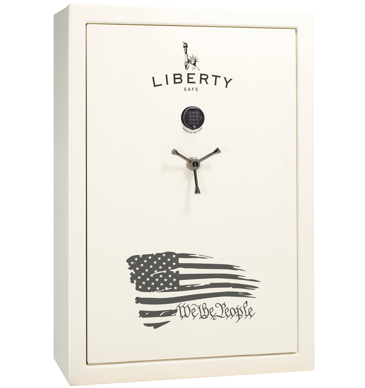 Liberty Safe We The People 60 gun safe in white gloss finish with electronic keypad, 3-spoke chrome handle, and distressed American flag with "We the People" script across the front, front view