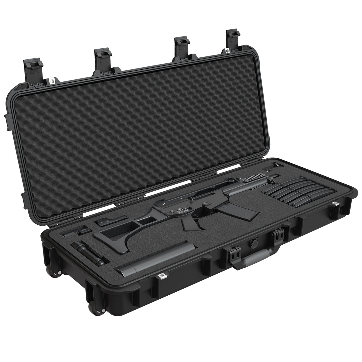 RPNB PP-11140 Weatherproof Hard Rifle Case with Customizable Foam Insert Open with Rifle &amp; Accessories