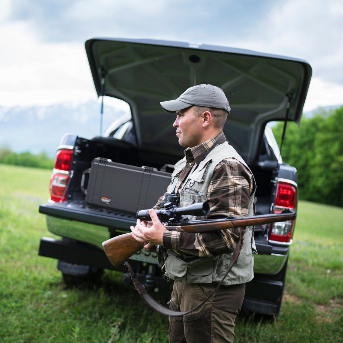 RPNB PP-12150 Weatherproof Hard Rifle Case with Customizable Foam Insert In the Back of a Truck