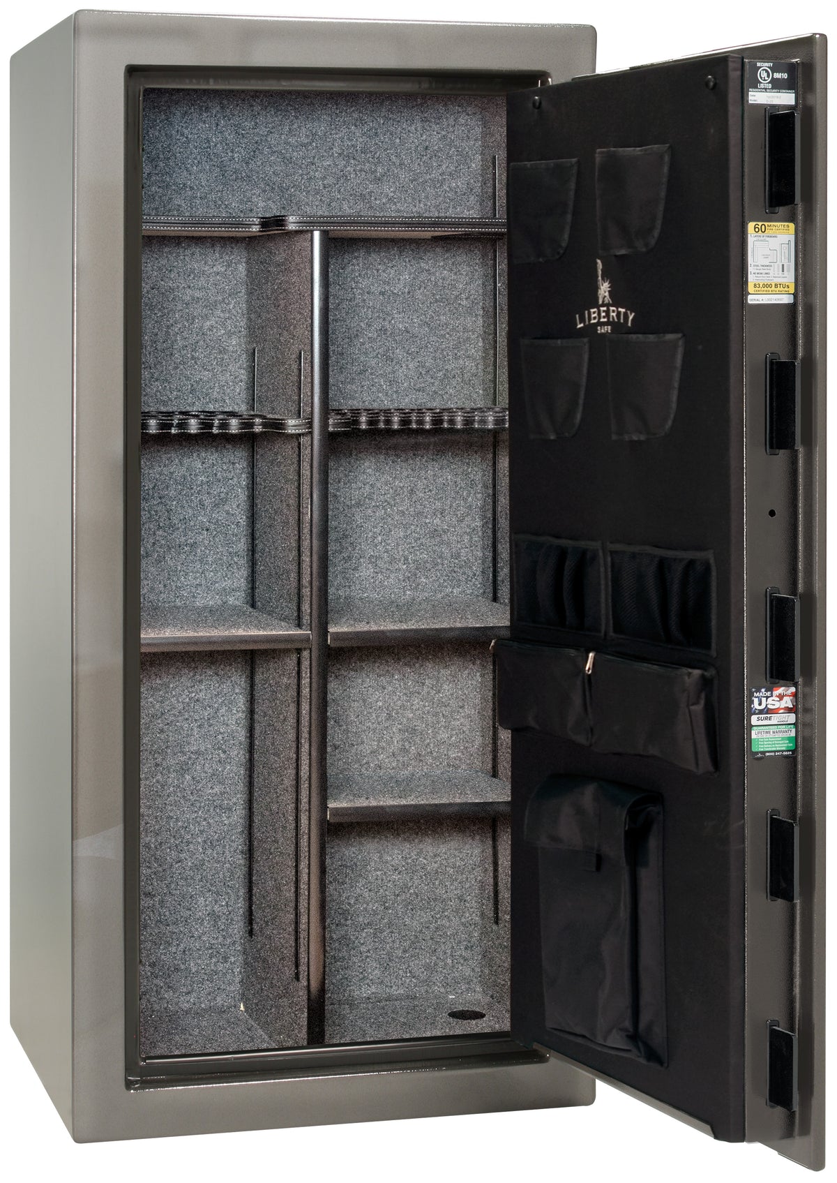 Liberty Safe We The People 30 gun safe in gray with door open showing empty gray fabric interior, adjustable shelving, rifle racking with center divider, and Liberty-branded canvas door panel with pistol pockets and document storage