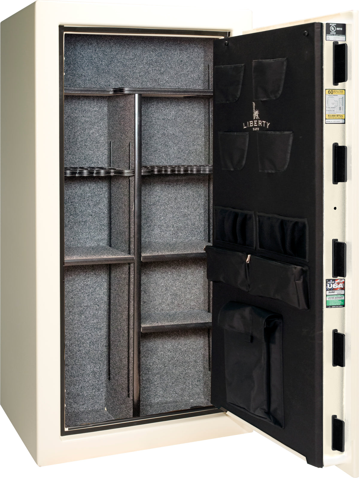 Liberty Safe We The People 30 gun safe in white with door open showing empty gray fabric interior, adjustable shelving, rifle racking with center divider, and Liberty-branded canvas door panel with pistol pockets and document storage