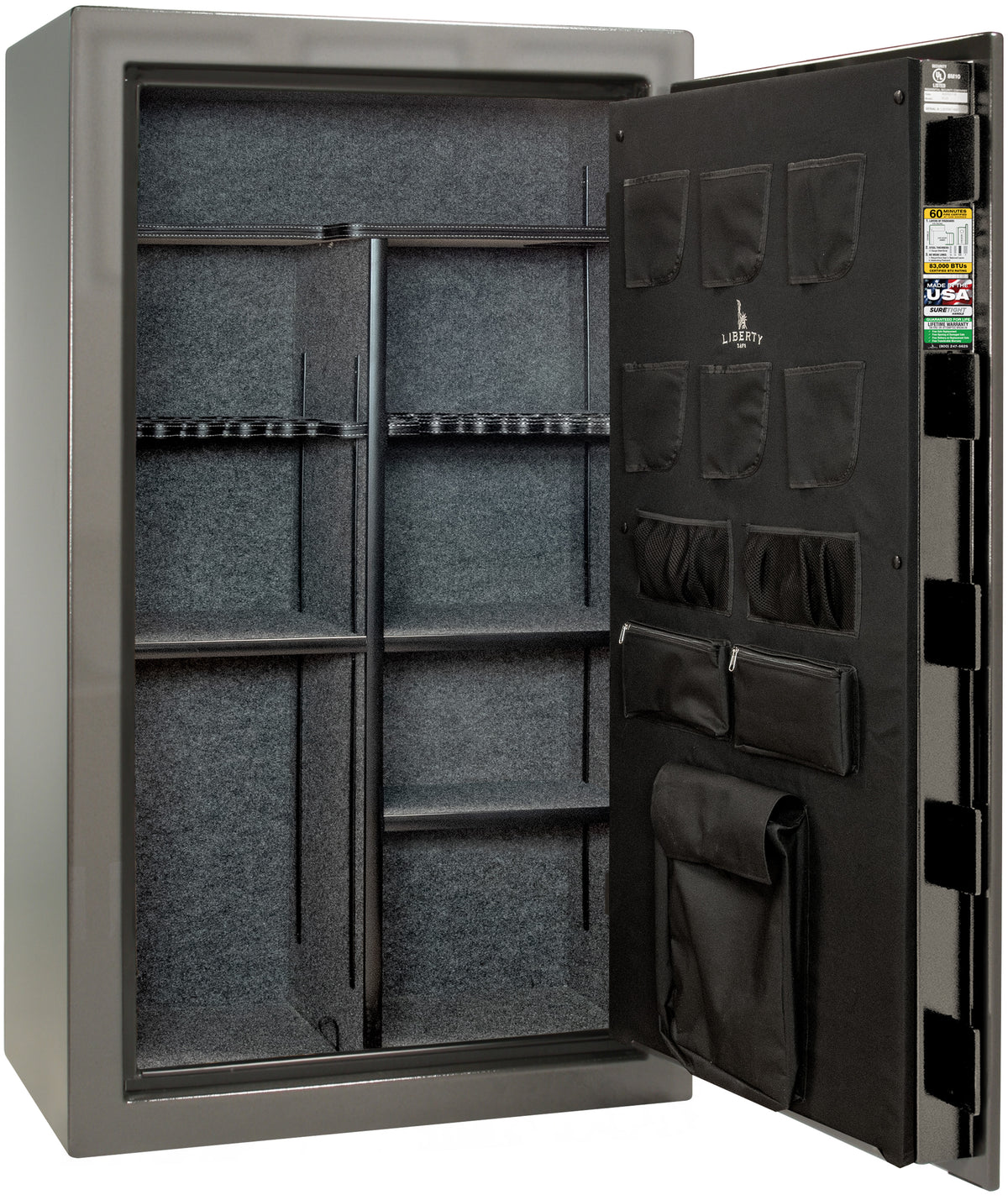 Liberty Safe We The People 44 gun safe in gray with door open showing empty gray fabric interior, adjustable shelving, rifle racking with center divider, and Liberty-branded canvas door panel with pistol pockets and document storage