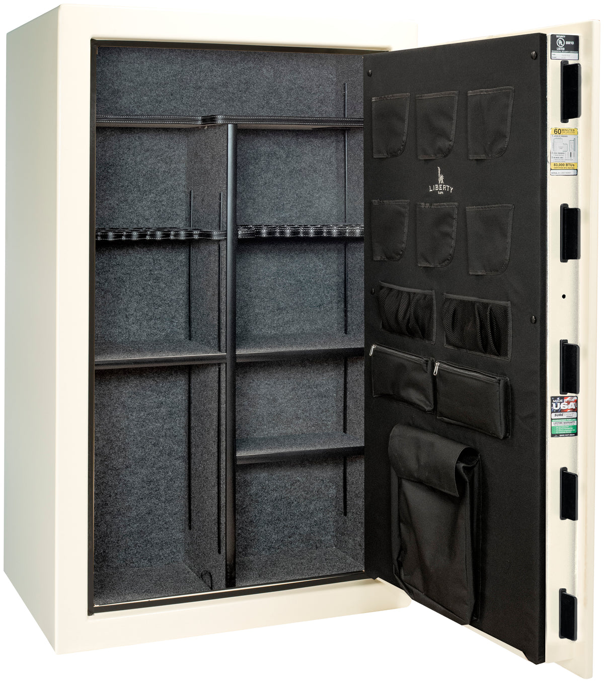 Liberty Safe We The People 44 gun safe in white with door open showing empty gray fabric interior, adjustable shelving, rifle racking with center divider, and Liberty-branded canvas door panel with pistol pockets and document storage