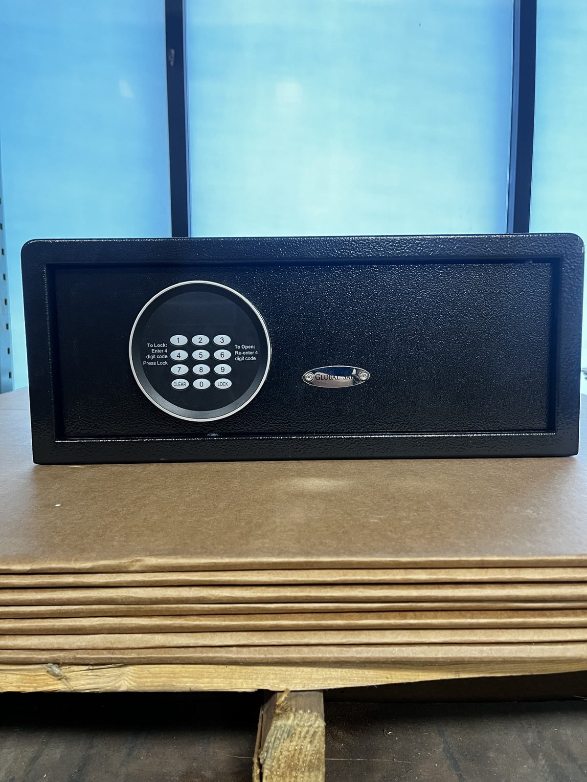 View of the front of the safe. It comes with a digital lock. 