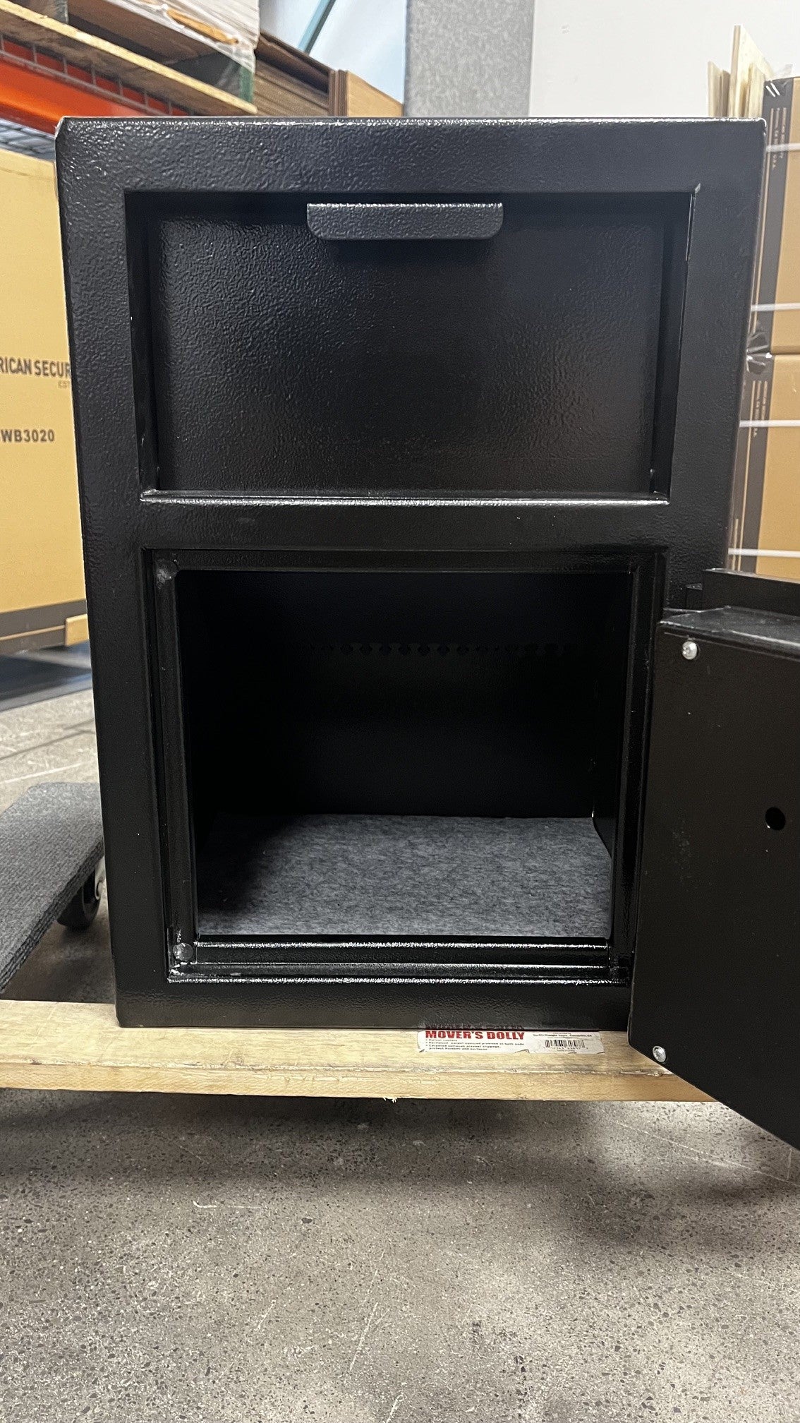 View of the inside of the safe. It comes with four predrilled holes and mounting hardware. The holes are located under the carpet. 