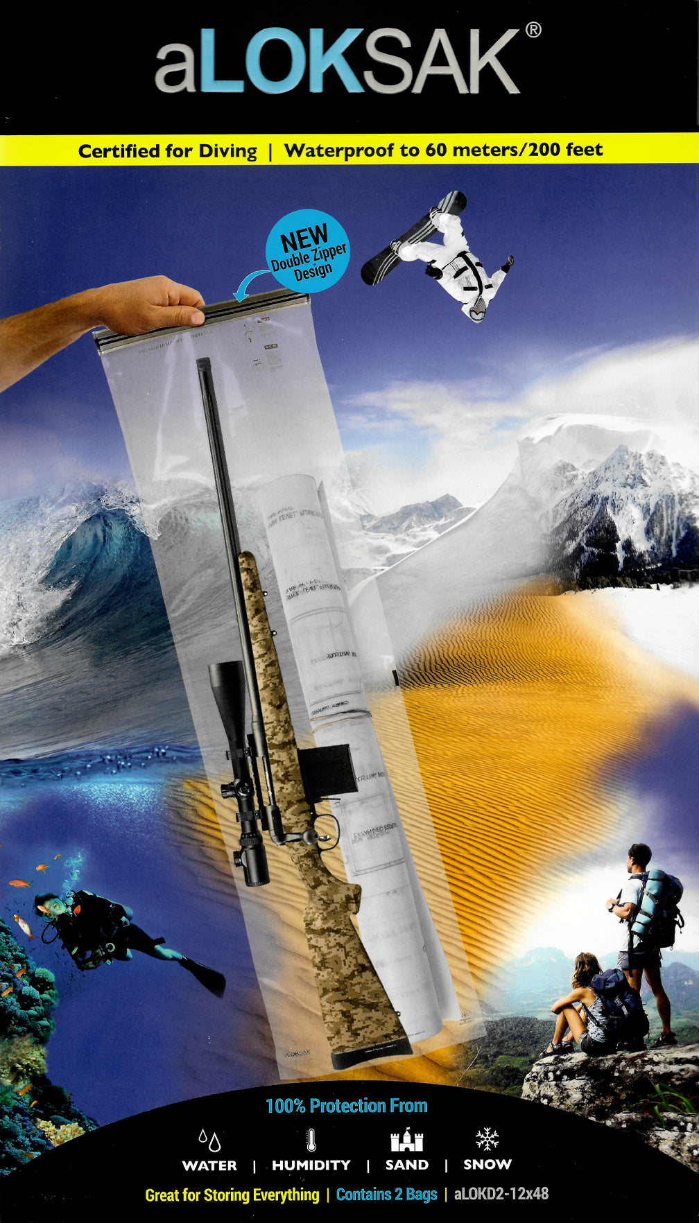 aLOKSAK Resealable Waterproof Firearm Bag Certified to 60 Meters 12" x 48" - 2 Pack