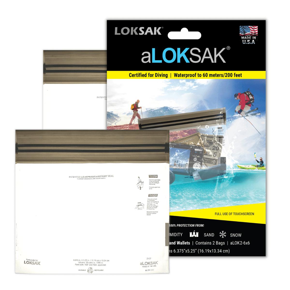 aLOKSAK Resealable Waterproof Bag Certified to 60 Meters 6" x 6" - 2 Pack, showing the LOKSAK product packaging and waterproof use details