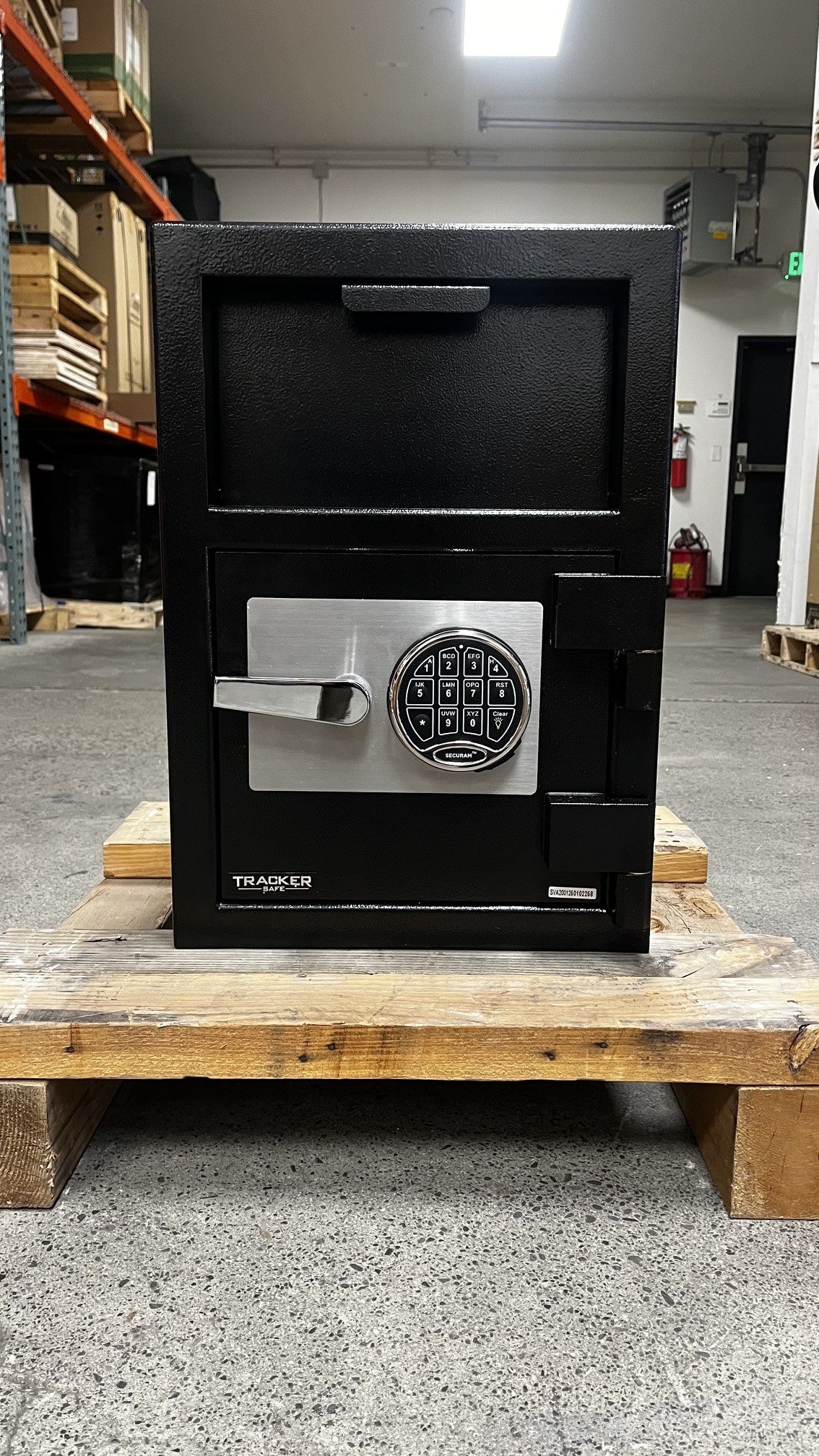 Front view of the safe. It comes with a Securam digital lock. 