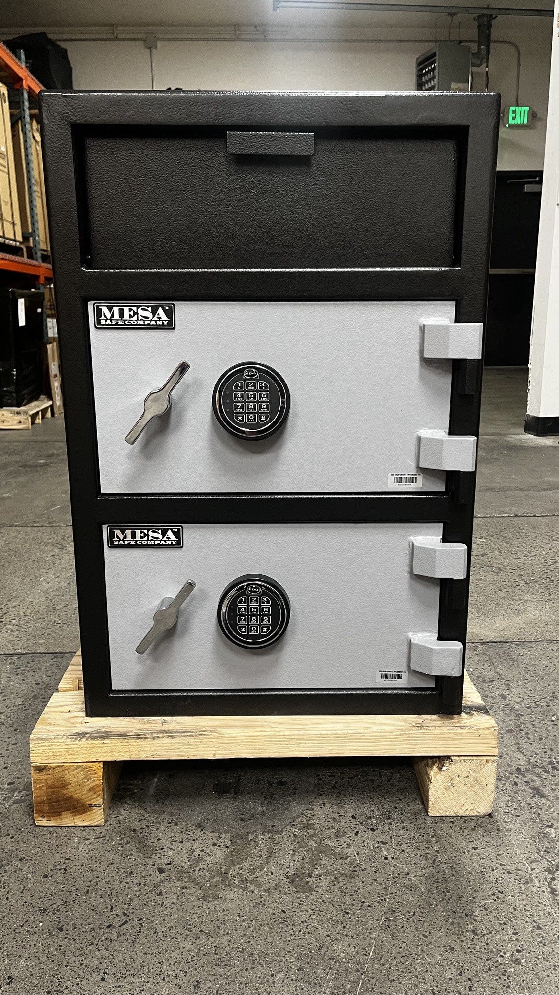 Front view of the safe, it comes with two digital locks and back up keys for each lock. 