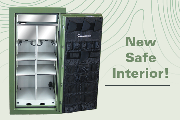 2025 AMSEC BFX and BFII gun safe new interior with upgraded shelves and door organizer.