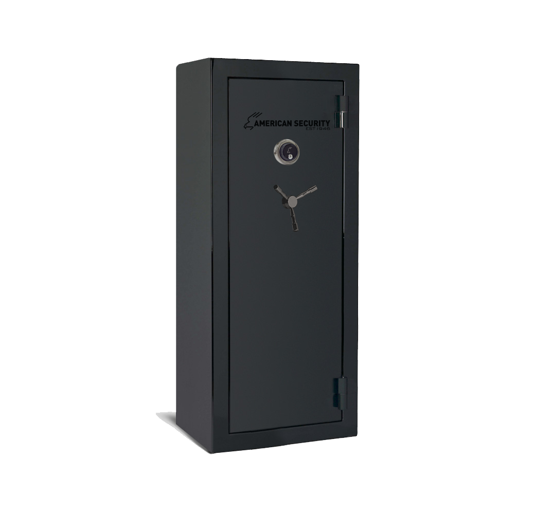 AMSEC BFX6024 gun safe in Onyx High Gloss finish with black nickel 3-spoke handle and mechanical dial lock.