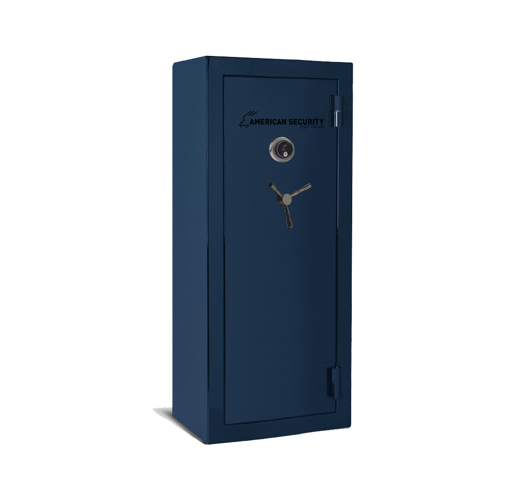 AMSEC BFX6024 gun safe in Sapphire Blue finish with black nickel 3-spoke handle and mechanical dial lock.