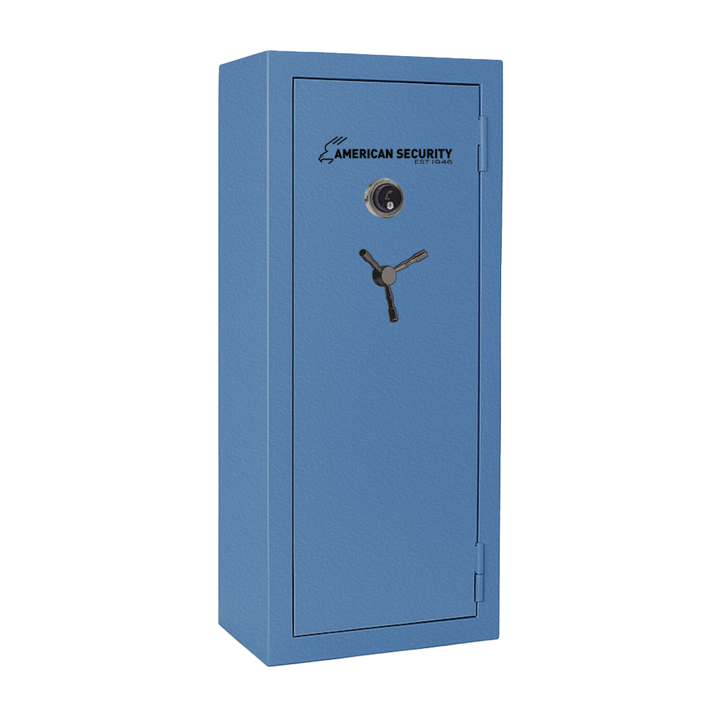 AMSEC BFX6024 gun safe in spa blue textured finish with black nickel 3-spoke handle and mechanical dial lock.