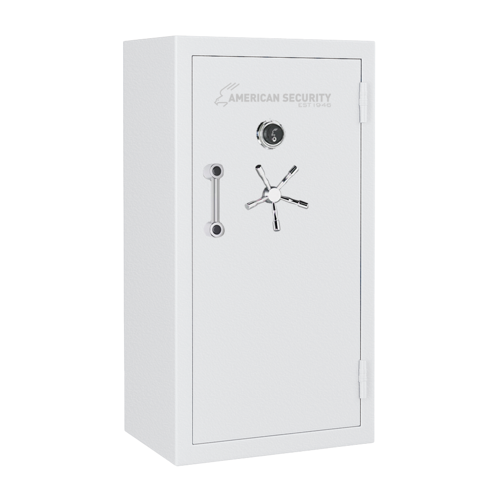 AMSEC BFX6030 gun safe in white textured finish with chrome 5-spoke handle and mechanical dial lock.